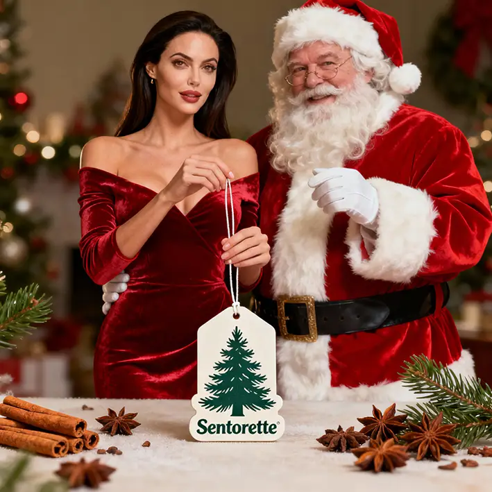 Custom car air freshener with Magic of Christmas essence: warm and enveloping fragrance with notes of spices, citrus fruits, and Christmas desserts, ideal for creating a festive and welcoming atmosphere during every trip.